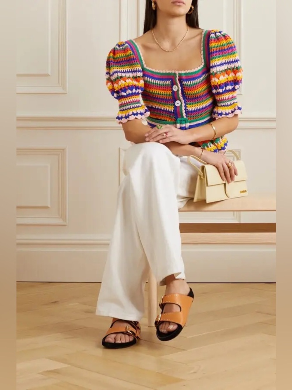 Farm Rio Multicolor Crochet Puff-Sleeve Top